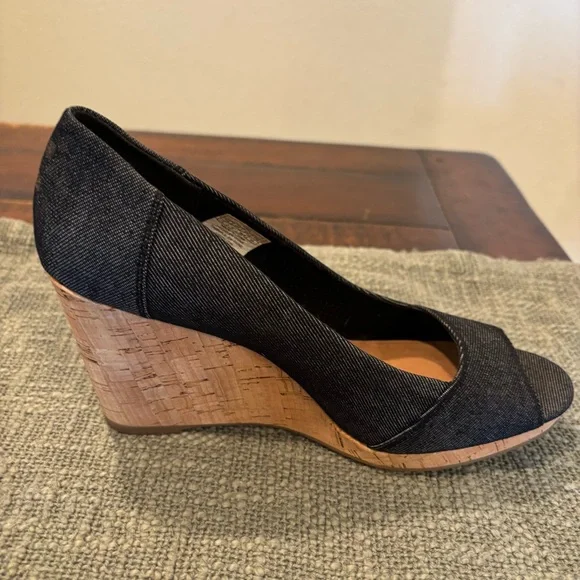 Toms Black Denim Stella Peep-Toe Cork Wedge Heels - Picture 9 of 13